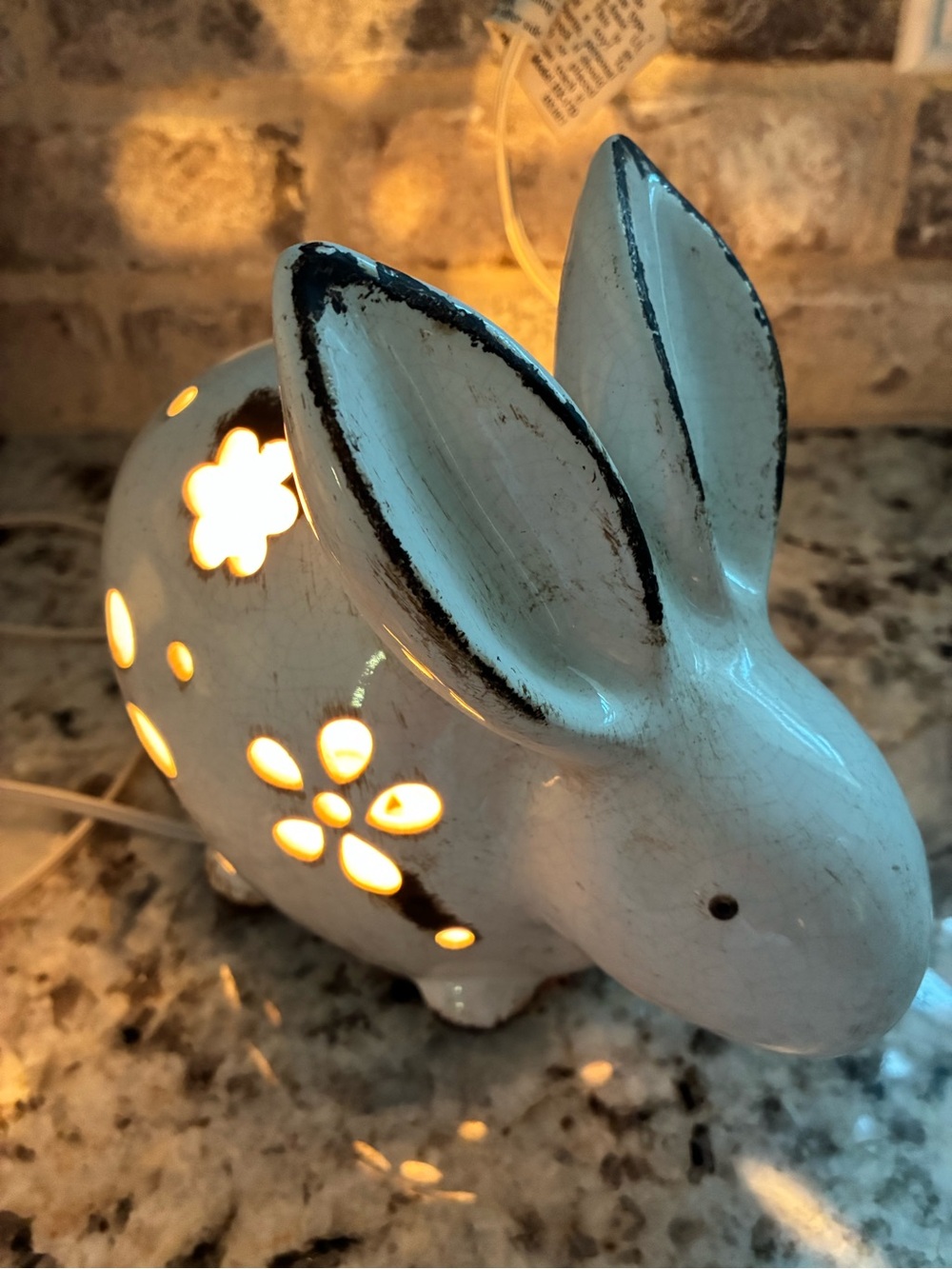 Rustic White Light Up Ceramic Flower Bunny Rabbit Figurine